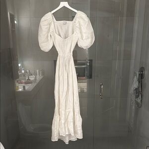 Faithfull the Brand White Puff-Sleeve Smocked Maxi Dress